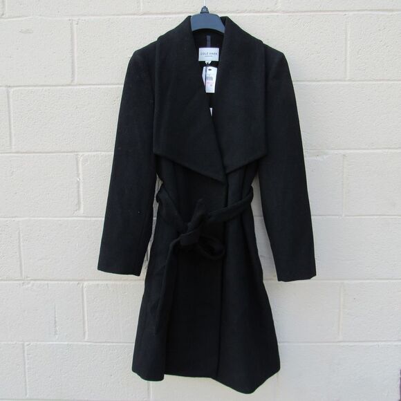 Cole Haan Wool Blend Wrap Coat Black SZ 10 - Picture 2 of 8